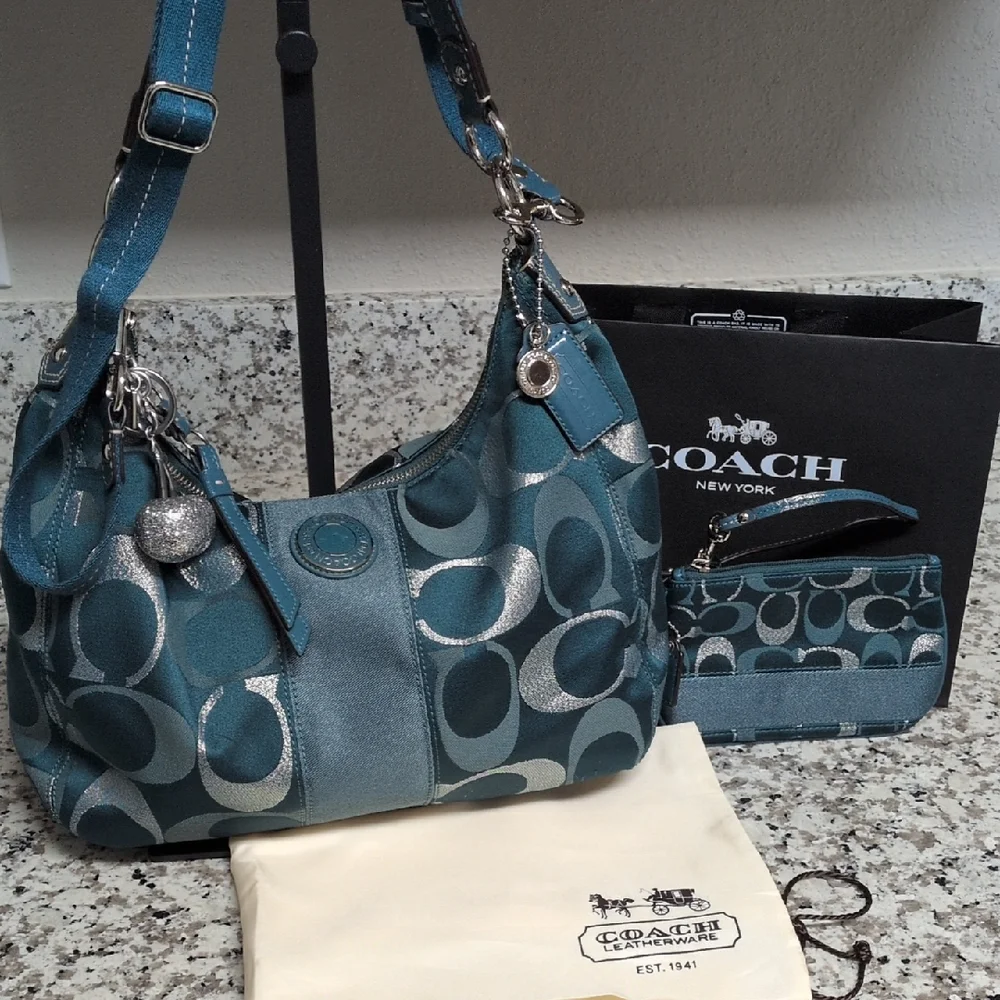 ✨ SOLD✨Coach SET Signature Jacquard Teal Metallic Stripe Hobo Wristlet Wallet - Picture 1 of 12